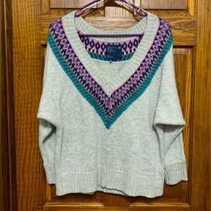 American Eagle Outfitters Gray V-Neck Sweater with Purple and Teal Accents